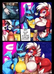 anthro areola belt big_breasts big_penis blush breast_play breasts bulge chest_spike collaborative collaborative_fellatio collaborative_sex collaborative_titfuck dialogue english_text erection fellatio female generation_4_pokemon generation_7_pokemon genitals group hanaarasuka hi_res human lucario lycanroc male male/female mammal midnight_lycanroc nintendo nipples onomatopoeia oral penile penis pokemon pokemon_(species) red_eyes sex sound_effects speech_bubble spikes spikes_(anatomy) tail text thick_thighs titjob trio