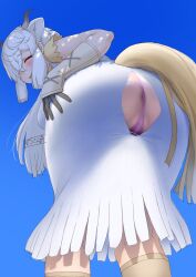 absurdres animal_ears anus anus_peek ass bent_over big_ass black_horns blue_sky blush closed_eyes crotch dappled_sunlight day dress feet_out_of_frame female female_pubic_hair from_behind furrowed_brow gloves grey_horns hair_over_one_eye highres horns kemono_friends kemono_friends_3 legs_apart long_hair masuyama_ryou multi_ear multicolored_horns outdoors ox_ears ox_girl ox_horns ox_tail panties pink_panties pubic_hair see-through_clothes see-through_panties shirt short_sleeves sky smile solo standing sunlight tail torn_clothes torn_dress underwear very_long_hair white_dress white_hair yak_(kemono_friends) yellow_shirt