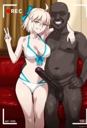 1boy 1boy1girl 1girl ai_generated arm_around_neck bikini blue_bow cheating cheating_girlfriend dark-skinned_male faceless_male fat_man fate_(series) female girthy_penis grin hairy_male hug interracial large_penis looking_at_viewer medium_breasts netorare okita_souji_(fate) okita_souji_(fate)_(all) peace_sign recording sitting straight testicles veiny_penis waroffree white__bikini