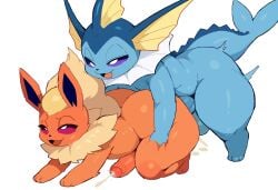 2boys 3_fingers animal_legs ass ass_grab ass_penetration balls blue_body blue_fur blue_skin ears eeveelution fingers flareon furry gay gay_sex noni_nora open_mouth orange_body orange_skin penetration pixelated pokemon pokemon_(species) purple_eyes simple_background smile tail vaporeon white_background