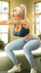 big_breasts blonde_female blonde_hair blush ceo_and_bodyguard female female_only roborobocap roborobocop sports_bra squatting sweat yena_lee_(roborobocop)