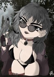 big_breasts glasses gun hornycraftgame huge_breasts micro_bikini russian_text senkow silver_hair silverfish_(minecraft) stalker