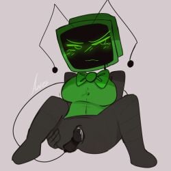 antennae antennae_(anatomy) anus asshole auless blush bow bowtie cum dandy's_world female green_bowtie green_clothing masturbation microphone microphone_tail robot_girl solo tail_masturbation television tv tv_head vaginal vee_(dandy's_world)