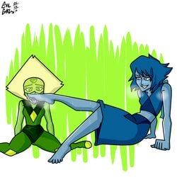 2019 2girls blonde_hair blue_clothes blue_eyes blue_skin blue_skirt blush cartoon_network dress evilgirl feet feet_up female female_only foot_fetish foot_focus foot_lick foot_worship gem_(species) green_background green_eyes green_hair green_skin happy lapis_lazuli_(steven_universe) looking_down multiple_girls open_mouth peridot_(steven_universe) short_hair sitting size_difference skirt smell smelling smelly_feet smile smiling sniff sniffing sniffing_feet steam steven_universe sweat sweating sweaty tongue tongue_out worship yuri