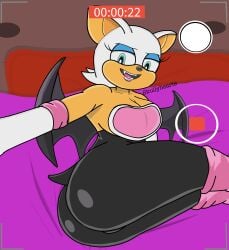 1girls bat bed bedroom_eyes big_ass bubble_ass bubble_butt camera chiropteran cleavage cleavage_cutout fat_ass fully_clothed pink_lips pink_lipstick presenting_hindquarters rouge_the_bat shiny_ass shiny_butt shiny_skin showing_ass showing_off skullyhearts smile solo_female sonic_(series) sonic_the_hedgehog_(series) tight_clothes tight_clothing white_fur yellow_skin