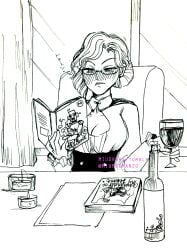 big_breasts black_and_white black_and_white_drawing blonde_female blonde_hair blonde_hair_female blush blushing_female boob_window breasts candle candles cape classy cleavage cleavage_cutout cleavage_window drinking drinking_glass drinking_wine funny glasses glynda_goodwitch meme milf miudraws monochrome monochrome_background older_female older_woman reading reading_book reading_pornography rich rich_girl rich_lady rwby wine wine_bottle wine_glass