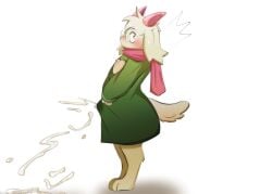 blush bodily_fluids bovid caprine clothing cum cum_in_clothing cumshot deltarune dress ejaculation erection erection_under_clothing female femboy genital_fluids goat hi_res mammal ralsei scarf sheepsheepbeep shocked solo tail undertale_(series)