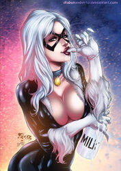 1girls 2017 abstract_background big_breasts black_cat_(marvel) breasts cedric_humbert choker cleavage dated dripping ed_benes_studio felicia_hardy female female_only finger_sucking fred_benes fur fur_trim green_eyes human licking_fingers marvel mask milk milk_drop signature signatures solo spider-man_(series) spilled_drink spilled_milk superheroine tight_clothes tight_clothing white_gloves white_hair