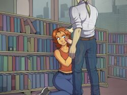 1boy 1girls before_fellatio blonde_hair books cedric city_background clothed clothed_female clothed_male denim disney dominant_male female femsub hand_on_head irma_lair jeans kneeling lazy_tarts library light_skin looking_at_penis male male/female orange_tank_top penis penis_on_face penis_out somka108 submissive_female tank_top unseen_male_face w.i.t.c.h.