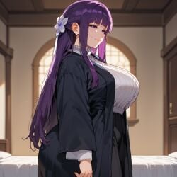 ai-created ai_generated bangs bare_shoulders blunt_bangs blush breasts breath female female_only fern_(sousou_no_frieren) heavy_breathing huge_ass huge_breasts indoors large_breasts long_hair looking_at_viewer massive_ass massive_breasts mummy navel night nipples nude purple_eyes purple_hair solo sousou_no_frieren sweat thick_thighs thighs