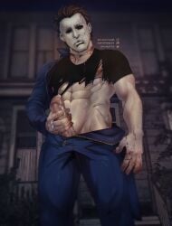 bara big_penis bulge clothing cum erection genital_fluids halloween halloween_(series) male male_only mask masked_male masturbation michael_myers muscular_male penis soynutts