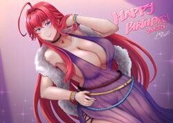 ahoge arkfield artist_name belly_chain big_breasts blue_eyes blush blush_lines boa_(clothing) bracelet bracelets breasts choker cleavage collarbone hand_in_hair hand_on_hip happy_birthday high_school_dxd large_breasts long_hair red_hair revealing_clothes rias_gremory see-through see-through_clothes see-through_clothing sideboob sidelocks smile thick_thighs thighs transparent_clothing wide_hips