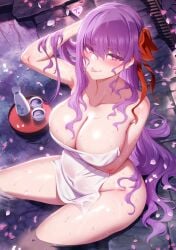 bb_(fate) big_breasts blush cleavage fate/grand_order fate_(series) hot_spring petals pregnant purple_eyes purple_hair red_ribbon ribbon seductive smile tongue tongue_out towel very_long_hair water wet