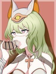 1boy 1girls bar_censor blowjob censored cross_ornament egyptian_clothes egyptian_headdress facemask fake_animal_ears fellatio green_eyes green_hair hand_on_penis headdress holding_penis honkai_impact_3rd long_hair looking_up medium_breasts milliani mobius_(honkai_impact) oral_sex tongue_out translucent_mask