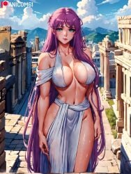 1girls ai_generated areolae athena_(saint_seiya) breasts breasts_focus deity eyebrows eyelashes female female_focus female_only goddess light-skinned_female light_skin lips long_hair looking_at_viewer nipples nipples_visible_through_clothing pink_areolae pink_nipples purple_hair saint_seiya saori_kido shounen_jump solo solo_female solo_focus very_long_hair visible_nipples