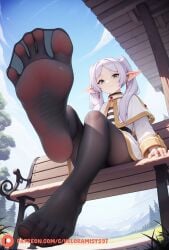 1girls ai_generated bench detailed_background elf elf_ears elf_female feet feet_focus feet_together feet_up female female_focus female_only foot_fetish foot_focus footwear frieren green_eyes legwear long_hair nylons pantyhose pointy_ears sharp_ears sitting soles solo solo_female sousou_no_frieren spread_toes toes toes_spread twintails veloramist white_hair
