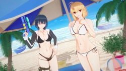 2girls 3d 3d_(artwork) 3d_model ahoge alternate_breast_size arcueid_brunestud armpits beach big_breasts bikini bikini_bottom bikini_top black_jacket blonde_hair blue_hair bra breasts_bigger_than_head ciel_(tsukihime) curvy hands_on_hips hips holding_gun huge_boobs huge_breasts human koikatsu large_boobs large_breasts looking_at_viewer melty_blood posing red_eyes short_hair skimpy_bikini swimsuit top_heavy tsukihime type-moon vampire vampire_girl water_gun wide wide_hips