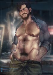 abs balls bara beard biceps bulge clothing daddy dilf male male_nipples male_only manly mature_male muscular_male nipples pecs penis sebastian_castellanos soynutts the_evil_within