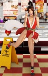 1girls big_breasts brown_eyes brown_hair busty curvaceous curvy curvy_female curvy_figure dead_or_alive donut donuts fatal_fury female food hair_ornament japanese japanese_clothes king_of_fighters light-skinned_female light_skin long_hair mai_shiranui one_eye_closed one_leg_up shoes skyarsenic socks standing thick_thighs thighs tied_hair voluptuous voluptuous_female wide_hips