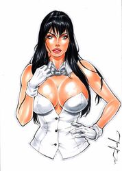 1girls ascot big_breasts black_hair blue_eyes bowtie breasts buttons cleavage collar dc dc_comics ed_benes_studio female female_only homo_magi human jeferson_lima jeferson_lima_(artist) justice_league leotard lips long_hair mage nipples nipples_visible_through_clothing solo sorceress straight_hair white_gloves white_leotard witch zatanna zatanna_zatara