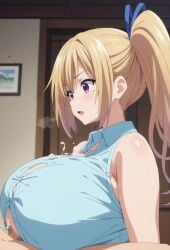 1boy 1girls ai_generated blonde_hair censored_penis cum cum_inside cum_on_breasts ejaculation ejaculation_between_breasts gigantic_breasts hair_ribbon huge_breasts kawakami_mai light-skinned_female light_skin mak5555 massive_breasts multicolored_hair musaigen_no_phantom_world nude nude_male paizuri paizuri_under_clothes penis purple_eyes side_ponytail squatting sweat sweatdrop thick_body thick_female voluptuous voluptuous_female