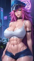 abs ai_generated arm_strap bare_shoulders belly_button big_breasts breasts choker city city_background cleavage close-up collarbone covered_nipples final_fight firm_breasts hands-free hourglass_figure huge_breasts large_breasts looking_at_viewer midriff muscle muscle_girl muscle_tone muscles navel_piercing neon neon_lights oiled oiled_body oiled_skin poison_(final_fight) portrait rain raining ribs round_breasts seducing seduction seductive seductive_body seductive_eyes seductive_gaze seductive_look seductive_mouth seductive_pose seductive_smile shiny shiny_breasts shiny_clothes shiny_hair shiny_skin short_shorts shorts sky4maleja street_fighter tank_top thick_thighs thin_waist toned toned_body toned_female toned_stomach torn_clothes torn_clothing upper_body window