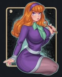 1girls daphne_blake dress female flatillustratorkhan hairband highres holding holding_magnifying_glass long_hair magnifying_glass moon orange_hair pantyhose purple_hairband scarf scooby-doo skirt solo tree