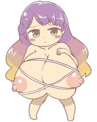 1girls areolae artist_request blonde_hair blush_stickers breasts breasts_bigger_than_head chibi chibi_style cleavage closed_mouth collarbone dot_nose full_body gyate_gyate hijiri_byakuren huge_breasts long_hair looking_to_the_side meme nipples nude nude_female purple_hair scary solo touhou yellow_eyes