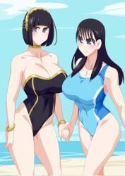 2girls 
 atropos_(kamen_rider_gotchard) beach big_breasts black_hair blue_background blue_sky female female_only kamen_rider kamen_rider_gotchard_(series) kamen_rider_majade otokam1117 rinne_kudo