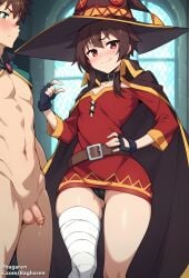 1boy 1boy1girl 1girls ai_generated bagharen bandages black_panties blush brown_hair cameltoe cape clothed_female_nude_male fingerless_gloves flaccid flat_chest foreskin green_eyes highres humiliation kono_subarashii_sekai_ni_shukufuku_wo! megumin navel nipples penis precum red_dress red_eyes satou_kazuma self_upload short_dress short_hair sidelocks skindentation slim_waist small_penis small_penis_gesture small_penis_humiliation smile testicles thighs wide_hips witch_hat