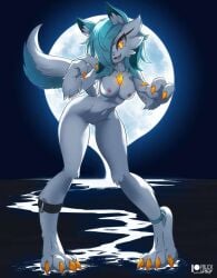 1girls anthro blue_hair furry gardevoir non-human_areolae nude oc pokémon_(species) pokemon pokemon_(species) rilex_lenov white_fur yellow_eyes