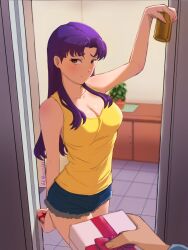 1girls bangs bare_shoulders blush breasts brown_eyes female female_only fully_clothed long_hair looking_at_viewer misato_katsuragi neon_genesis_evangelion no_bra parted_bangs purple_hair smile solo solo_female standing