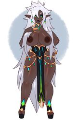 1girls :p black_sclera breasts dark-skinned_female dark_skin dawn_of_the_blue_moon drow earrings elf female hand_on_hip highres large_breasts loincloth long_hair looking_at_viewer multicolored_eyes nipples nude original platform_footwear pointy_ears silver_hair slit_pupils solo tongue topless very_long_hair wide_hips