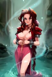 1girls aerith_gainsborough artist_name braided_hair brown_hair cave cleavage dress eyebrows eyelashes female female_focus female_only final_fantasy final_fantasy_vii gauntlets hair hair_ribbon highres indoors legs lipstick long_hair looking_at_viewer navel nipple nipple_slip optionaltypo partially_submerged pink_dress smile solo spring square_enix standing thighhighs thighs unbuttoned underground water wet