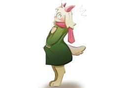 anthro blush bodily_fluids bovid caprine clothing deltarune dress erection erection_under_clothing femboy genital_fluids goat hi_res male mammal precum ralsei scarf sheepsheepbeep shocked solo undertale_(series)