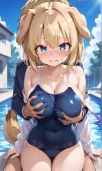 1boy 1girls ahoge ai_generated blonde_female blonde_hair blue_eyes blush dog_ears dog_girl dog_tail groping groping_breasts indie_virtual_youtuber klaire_fluffle large_breasts one-piece_swimsuit open_mouth outdoors outside school_swimsuit swimsuit thighs virtual_youtuber vtuber wavy_mouth