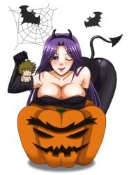 1boy 1girls ass ass_focus bat bats big_breasts black_bunnysuit black_headband blush breasts breasts_focus bunny_girl bunnysuit closed_eye cosplay dark_violet_eyes dark_violet_hair eyebrows eyelashes female female_focus flushed flushed_face goth goth_girl gotica_culona halloween halloween_costume halloween_pumpkin headband long_hair looking_at_viewer male male/female open_mouth pale-skinned_female pale_skin pandora_(saint_seiya) pumpkin saint_seiya shounen_jump shueisha specters spiderweb toei_animation villainess white_background wink winking_at_viewer winking_eye wyvern_radamanthys