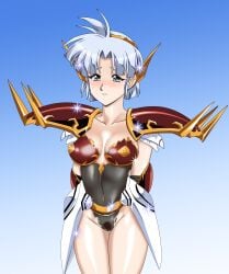 1990s_(style) absurdres armor arms_behind_back ass_visible_through_thighs blush bodypaint bracer breasts commentary commission commissioner_upload embarrassed english_commentary exhibitionism female female_pubic_hair gradient_background grey_hair highres hip_armor langrisser langrisser_ii looking_at_viewer naked_armor naked_paint navel nipples paint painted_clothes pubic_hair public_indecency pussy retro_artstyle rs40uchiha running_paint sherry_(langrisser) short_hair shoulder_armor simple_background solo sparkle standing tiara urushihara_satoshi_(style)