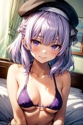 1girl ai_generated classroom_of_the_elite erect_nipples_under_clothes looking_at_viewer on_bed petite_body petite_breasts petite_female purple_bikini_top purple_eyes purple_hair sakayanagi_arisu short_hair サイ