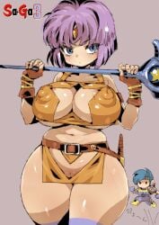 1boy 1girls breasts cleavage cleavage_cutout crop_top erect_nipples erect_nipples_under_clothes female female_focus gloria_(saga) highres large_breasts looking_at_viewer male petitdry polnaref_(saga) purple_hair pussy revealing_clothes saga saga_3 skimpy skimpy_clothes skirt tight_clothing