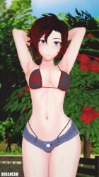 1girls 3d arrancon big_breasts black_hair breasts busty child_bearing_hips cleavage denim_shorts female female_only grey_eyes hi_res large_breasts legs midriff navel pose posing red_hair ruby_rose rwby sexy_armpits short_hair shorts smile solo thighs thong_bikini voluptuous whale_tail