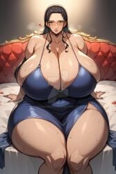 1girls ai_generated bbw big_breasts black_hair blue_eyes cleavage curvaceous dress dress_slit huge_thighs kowschlagi large_breasts light-skinned_female light_skin long_hair nico_robin one_piece plump seductive seductive_look sitting_down sofa thick thick_thighs voluptuous voluptuous_female wide_hips