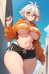 1girls _demoona_ ai_generated big_ass blush cropped_hoodie curvy_figure elf_ears female_only glasses happy huge_breasts messy_hair original original_character pointy_ears short_hair shorts thick_thighs white_hair wide_hips