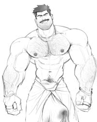 1boy balls bara big_penis body_hair boner erection erection_under_clothes facial_hair frank_(kenkudog) kenkudog male male_only monochrome moustache muscles muscular penis precum precum_through_clothing shirtless solo solo_male