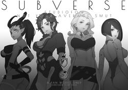 4girls bob_cut demi_(subverse) demon_girl eschergirl eyepatch fortune_(subverse) gynoid horns killision_(subverse) lily_(subverse) looking_at_viewer monochrome pointy_ears subverse tail 狗特工_(7072179)