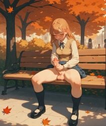 ai_generated autumn_leaves female futanari futanari_masturbation mary_janes no_panties park_bench penis public public_indecency public_masturbation sweater_vest