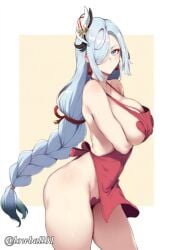 apron apron_lift arm_under_breasts ass bare_arms bare_back bare_shoulders blue_eyes blue_hair braid breasts cleavage clothes_lift covered_nipples cowboy_shot curvy earrings eyeliner female genshin_impact groin hair_ornament hair_over_one_eye heart_pasties hip_focus hip_vent housewife jewelry large_breasts long_hair looking_at_viewer lowball01 makeup mature_female naked_apron narrow_waist nipples one_eye_covered pasties red_apron red_eyeliner revealing_clothes shenhe_(genshin_impact) sideboob simple_background skinny slim_legs solo thighs toned very_long_hair wide_hips