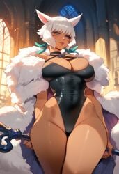 2d ai_generated cat_ears cat_girl dark-skinned_female dark_skin female female_focus female_only final_fantasy final_fantasy_xiv highleg highleg_leotard indoors leotard short_hair solo solo_female solo_focus standing tagme thick_thighs white_hair y'shtola