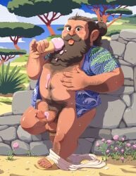 1boy :p against_wall bara beard belly blush_stickers chuchugelee day dungeon_meshi dwarf erection facial_hair food food_on_body food_on_penis hairy hawaiian_shirt highres holding holding_food holding_ice_cream ice_cream knuckle_hair licking long_beard male male_focus male_only male_pubic_hair melting moustache official_alternate_costume open_clothes open_shirt penis plump precum precum_drip pubic_hair senshi_(dungeon_meshi) shirt shorts shorts_around_one_leg solo summer sunlight sweat thick_arm_hair thick_chest_hair thick_leg_hair thick_mustache thick_navel_hair thick_testicle_hair tongue tongue_out uncensored