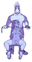 absurd_res anthro bondage bondage bound bovid canid canine caprine chair chastity_cage chastity_device clothing duo furniture goat gynomorph harness hi_res intersex intersex/male legwear male mammal occult_symbol pentagram pentagram_harness pibou piercing stockings symbol